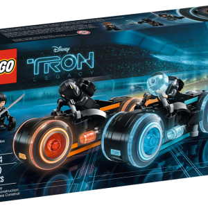 Additional photo of the brand new LEGO Ideas 21314 TRON: Legacy box showing two Light Cycles and Quorra, Sam Flynn and Clu minifigures.