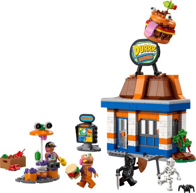 Brand new factory sealed LEGO Fortnite Durrr Burger Restaurant set 77076 original box front view.