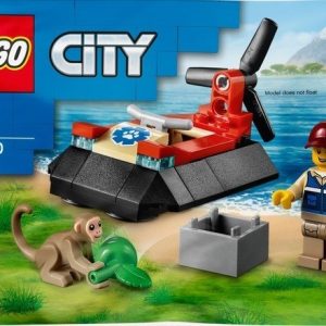 Brand new factory sealed LEGO City Wildlife Rescue Hovercraft set 30570 original box front view.