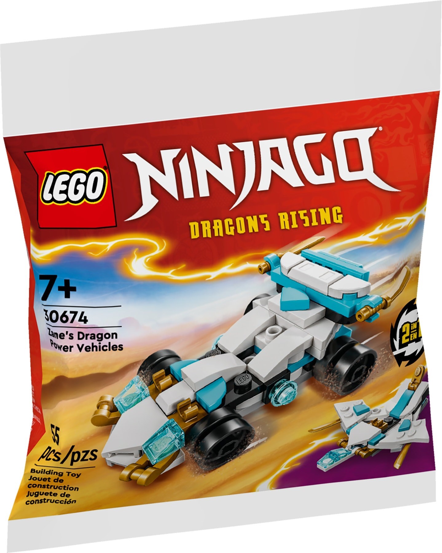 Brand New LEGO Ninjago 30674 Zane's Dragon Power Vehicles Set Photo Additional photo of brand new factory sealed LEGO Ninjago Zane's Dragon Power Vehicles set 30674.
