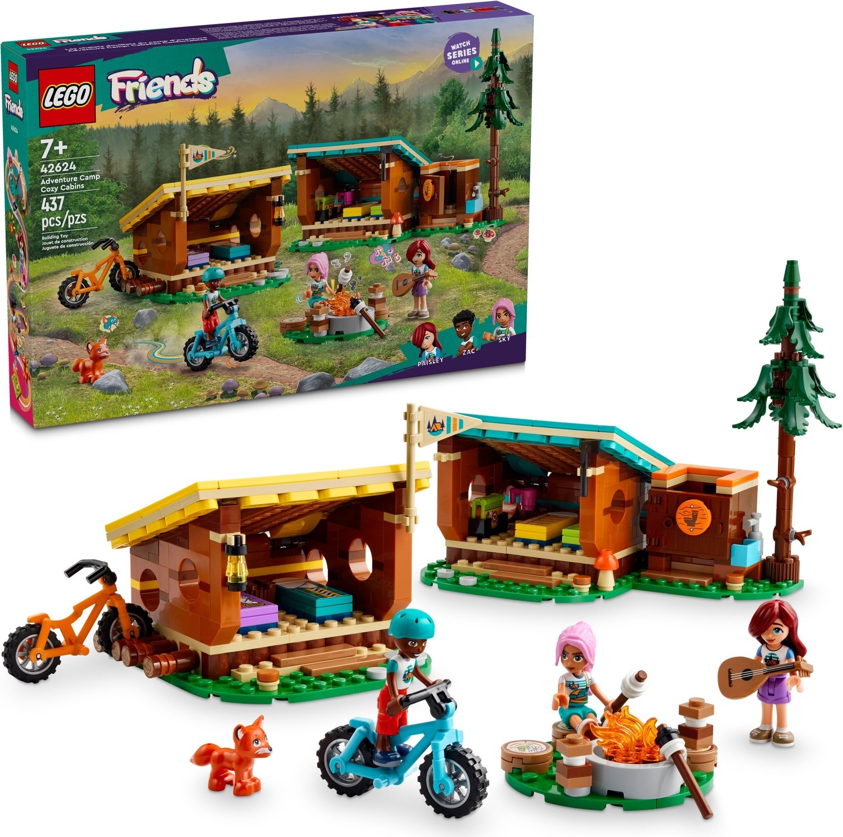 Brand New LEGO Friends 42624 Adventure Camp Cosy Cabins Set Photo Additional photo of brand new factory sealed LEGO Friends Adventure Camp Cosy Cabins set 42624.