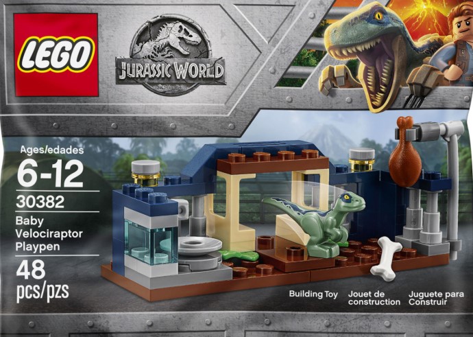 Brand new factory sealed LEGO Jurassic World Baby Velociraptor Playpen set 30382 original box front view.