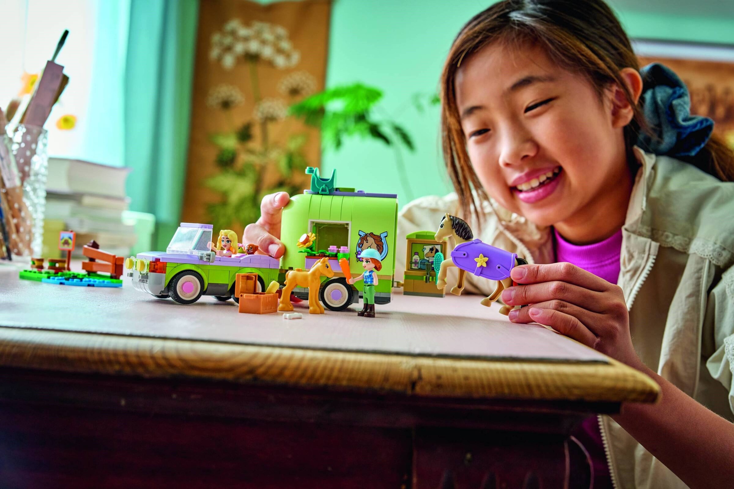 Additional photo of brand new factory sealed LEGO Friends Horse & Baby Foal Trailer set 42695.